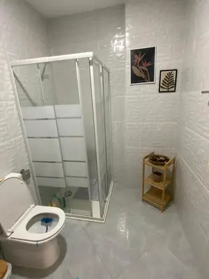 a white bathroom with a shower and a toilet at Felicidade apartamento Palmarejo Grande in Praia
