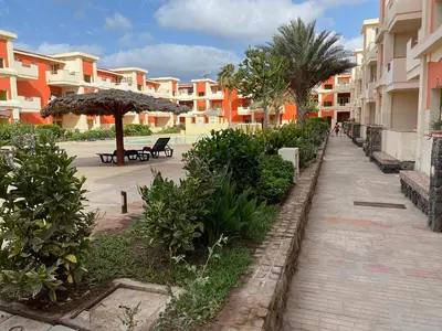 a sidewalk with benches and palm trees and buildings at African Lounge, Moradias Laranja in Prainha
