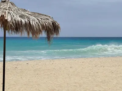 a beach with a straw umbrella and the ocean at Onda do Mar in Santa Maria