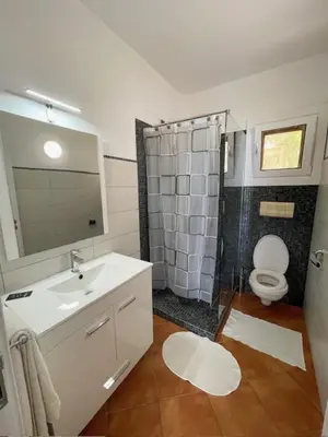 a bathroom with a sink and a toilet and a shower at Porto Antigo II Ocean Appartment in Santa Maria