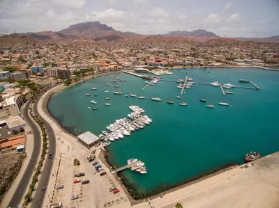 an aerial view of a harbor with boats in the water at Casa Maré & Museu - Porta Nº 18 in Mindelo