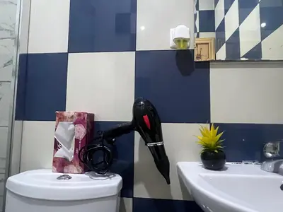 a hair dryer sitting on top of a toilet in a bathroom at Cozy kriol stay, steps to ocean in Praia