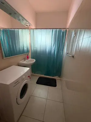 a bathroom with a washing machine and a sink at Prainha Beach House in Praia