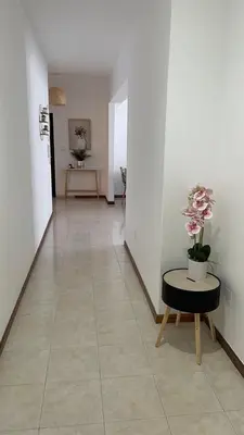 a hallway with a table and flowers in a room at Appartement 3 chambres tout confort in Praia