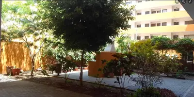 a courtyard with a fountain and trees and a building at Apartamento de Luxo -T2 in Praia