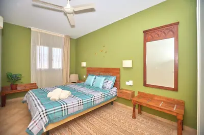 a bedroom with green walls and a bed and a mirror at Tropical Casa Verde Santa Maria G01 in Santa Maria