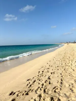 a beach with footprints in the sand and the ocean at Blue Oceano in Santa Maria