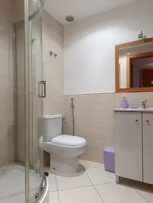 a bathroom with a toilet and a glass shower at Elly Apartamentos in Mindelo
