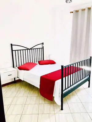 a bedroom with a bed with two red pillows at Conforto de um Lar in Ponta do Sol