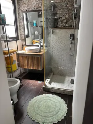 a bathroom with a shower and a toilet at Techas City Center Luxe Suites in Praia