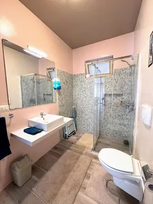 a bathroom with a sink and a shower and a toilet at Wave Studio in Sal Rei