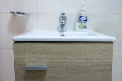 a bathroom counter with a sink in a bathroom at Marel Bliss Apartments T2 Lorena in Mindelo
