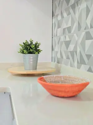 a bowl on a counter next to a potted plant at Casa Bela in Mindelo