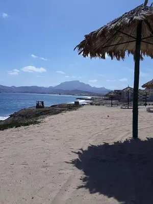 a beach with a straw umbrella and the ocean at Apartamento T1 - Hotel Las Rochas in Mindelo