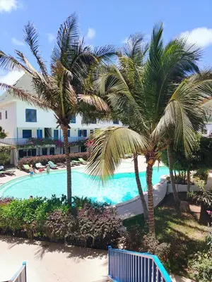 a swimming pool with palm trees and a blue bench at Leme Bedje Residence in Santa Maria