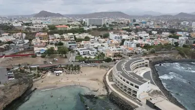 an aerial view of a city and a beach at Our Happy Place Prainha in Praia
