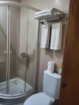 a bathroom with a shower and a toilet and towels at Apartamento Silva 1 in Praia