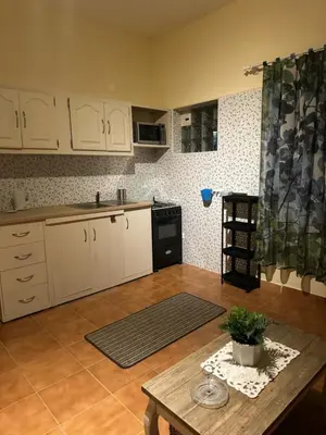 a kitchen with white cabinets and a table with a plant at Casa azul in Mindelo