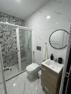 a bathroom with a toilet and a shower and a sink at Di Rosa Apartament in Praia