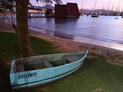 a boat sitting on the grass next to a tree at Residencial Alto do Fortim in Mindelo