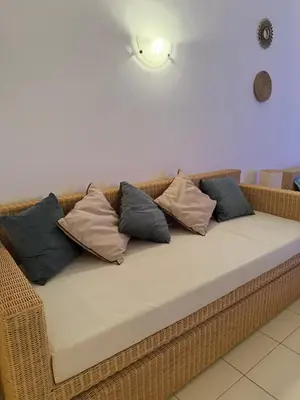 a brown wicker couch with pillows on it at Studio with pool in Santa Maria