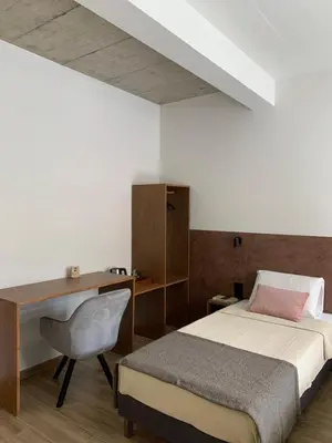 a bedroom with a bed and a desk and a chair at Alfa-Rooms in Paul