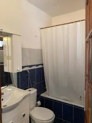 a bathroom with a toilet and a sink and a shower at Apartamento em Monte in Mindelo