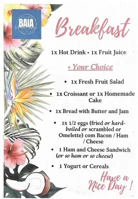 a menu for a restaurant with a bird and flowers at Murdeira V31 G by RPG Group in Beirona