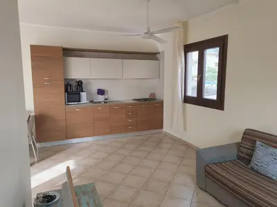 a living room with a couch and a kitchen at Marialva Tropical T1 in Santa Maria