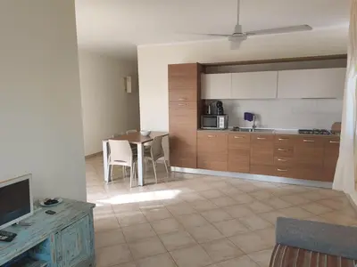 a living room with a kitchen and a dining room at Marialva Tropical T1 in Santa Maria
