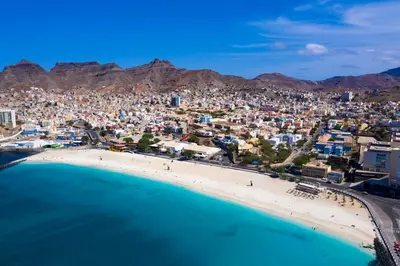 an aerial view of a beach in a city at Gorgeous 3-bdr apt - 1-min laginha beach - LCGR in Mindelo