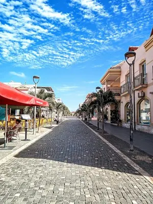 a cobblestone street with buildings and palm trees at Cosy 2 Bed Apartment Vila Verde Santa Maria in Santa Maria