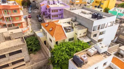 an overhead view of a city with buildings at Simabo's Backpackers' Hostel in Mindelo