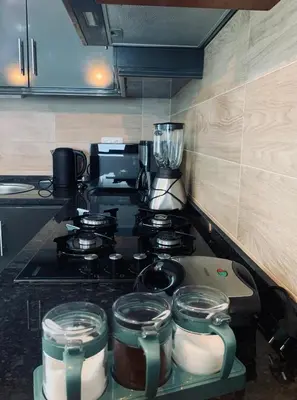 a kitchen with a stove with a blender on it at NOBRE LUZ T2 Boa Vista in Sal Rei