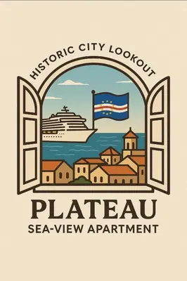 a city skyline with a cruise ship and a flag at Plateau- Sea View Apartment in Praia