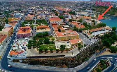 an aerial view of a city with a building at Plateau- Sea View Apartment in Praia