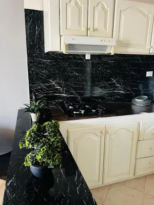 a kitchen with a black counter with two potted plants at Santa Maria Central Stay in Santa Maria