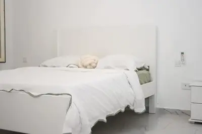 a white bedroom with a bed with white sheets at Rooms in Apartment Morabeza in Praia Cidadela in Praia