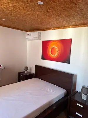 a bedroom with a bed with a painting on the wall at Apartamento Borges in Praia