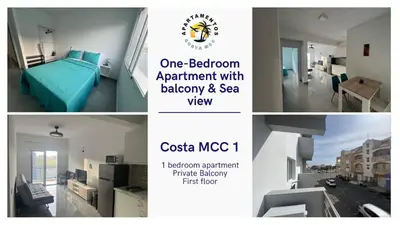 a collage of pictures of a bedroom apartment with balcony and sea view at APARTAMENTOS COSTA MCC - New apartments near city center & beach in Santa Maria
