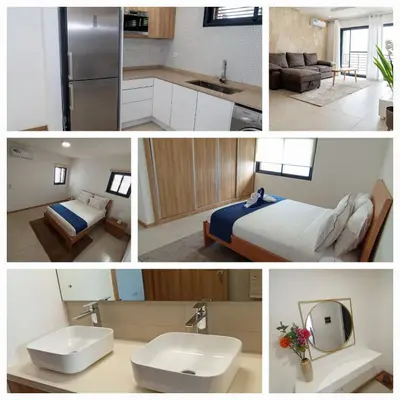 a collage of photos of a kitchen and a bedroom at o som das ondas in Praia