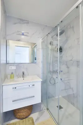 a bathroom with a sink and a shower at Sal Sol & Mar - Flor de Sal in Santa Maria