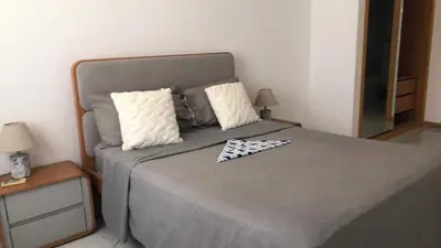 a bedroom with a bed with a zebra pillow on it at Condominio atlantico ll in Praia