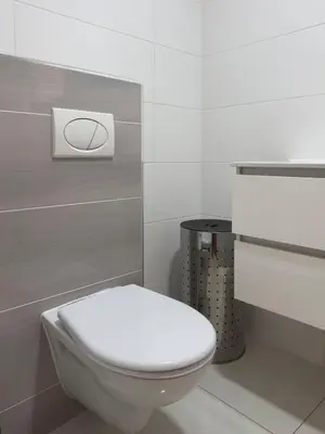 a bathroom with a white toilet in a room at Spacious 3-bdr apt seafront, exterior pool - LCGR in Praia