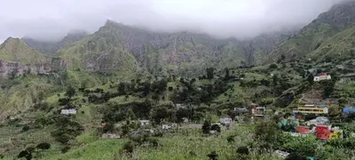 a view of a mountain with a town on a hill at Casa Azul in Paul