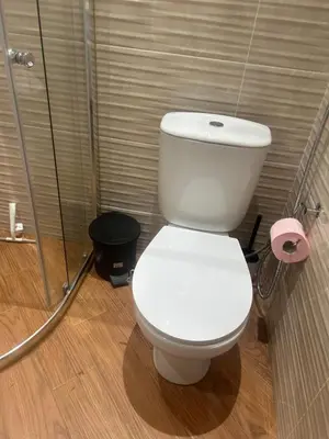 a white toilet in a bathroom with a shower at Morabeza Lodge in Mindelo