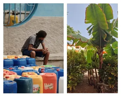 two pictures of a man sitting next to a bunch of water containers at Orange by No Stress ACWifi in Santa Maria