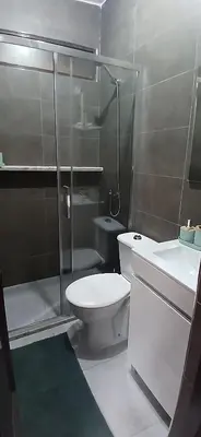 a bathroom with a shower and a toilet and a sink at Cozy Apartment in Praia
