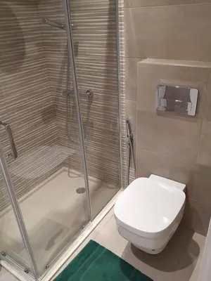 a bathroom with a toilet and a shower at VISTA INVEST Apartamentos in Mindelo
