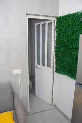 a white door in a room with a green hedge at Morabeza T2 City Center in Mindelo